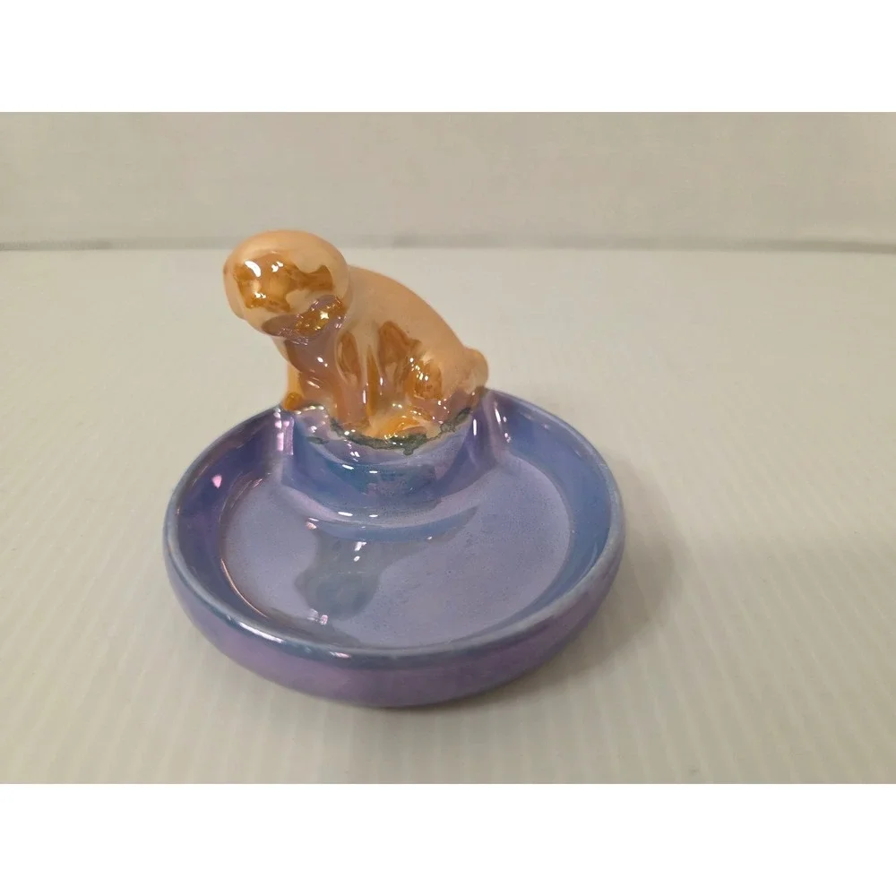 Vintage Japan Ceramic Puppy Kitten Ring Holder Lustreware Trinket Dish Lavender